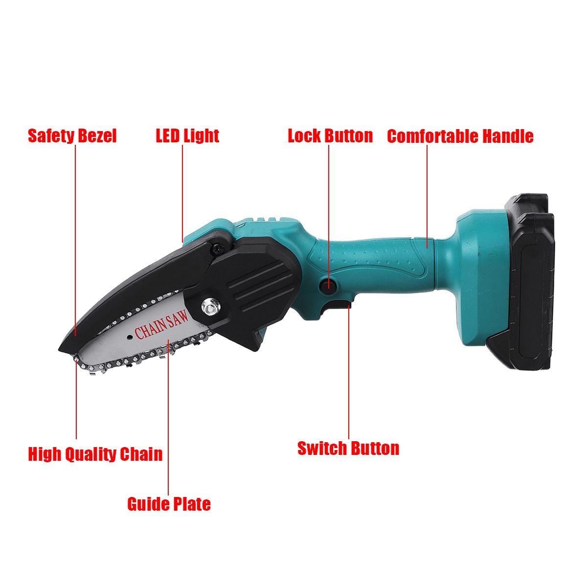 Portable and Powerful: 18V Lithium-Ion Handheld Chainsaw with Anti-Slip Grip and 4-Inch Blade