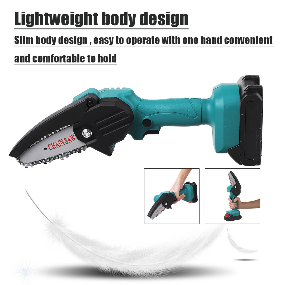 Portable and Powerful: 18V Lithium-Ion Handheld Chainsaw with Anti-Slip Grip and 4-Inch Blade