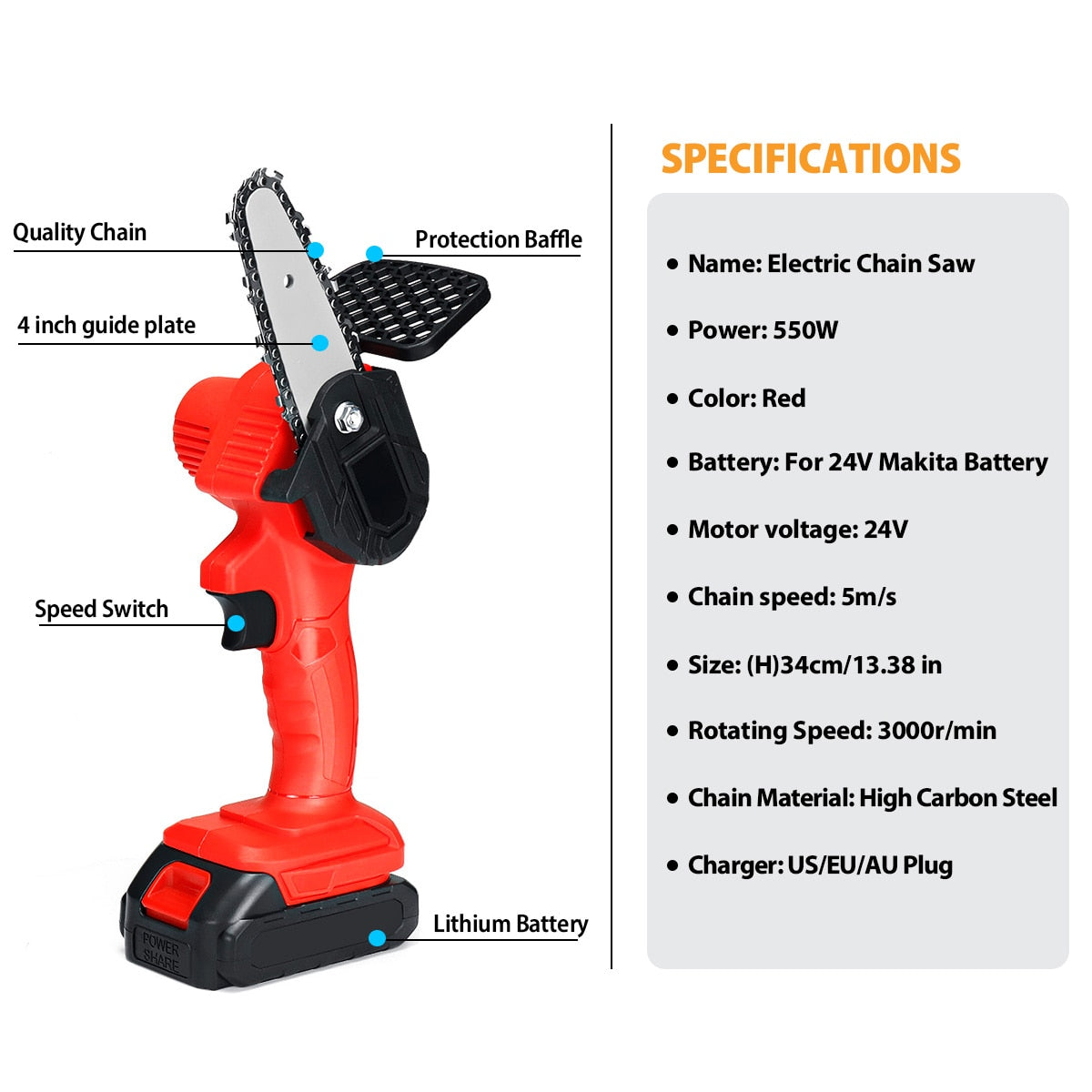 Portable and Powerful: 18V Lithium-Ion Handheld Chainsaw with Anti-Slip Grip and 4-Inch Blade