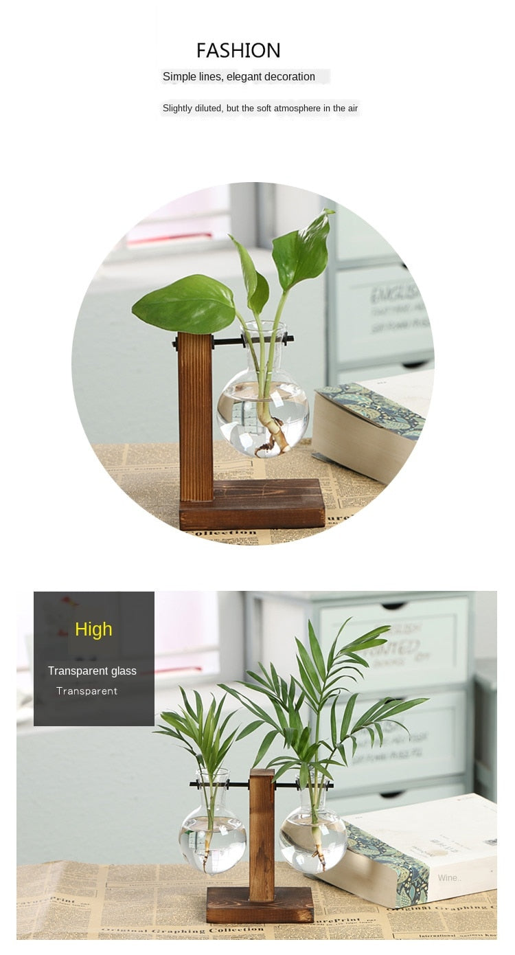 Elevate Your Home Decor with Our Stylish Terrarium Hydroponic Plant Vases - Transparent Vase with Wooden Frame, Perfect for Indoor Plants