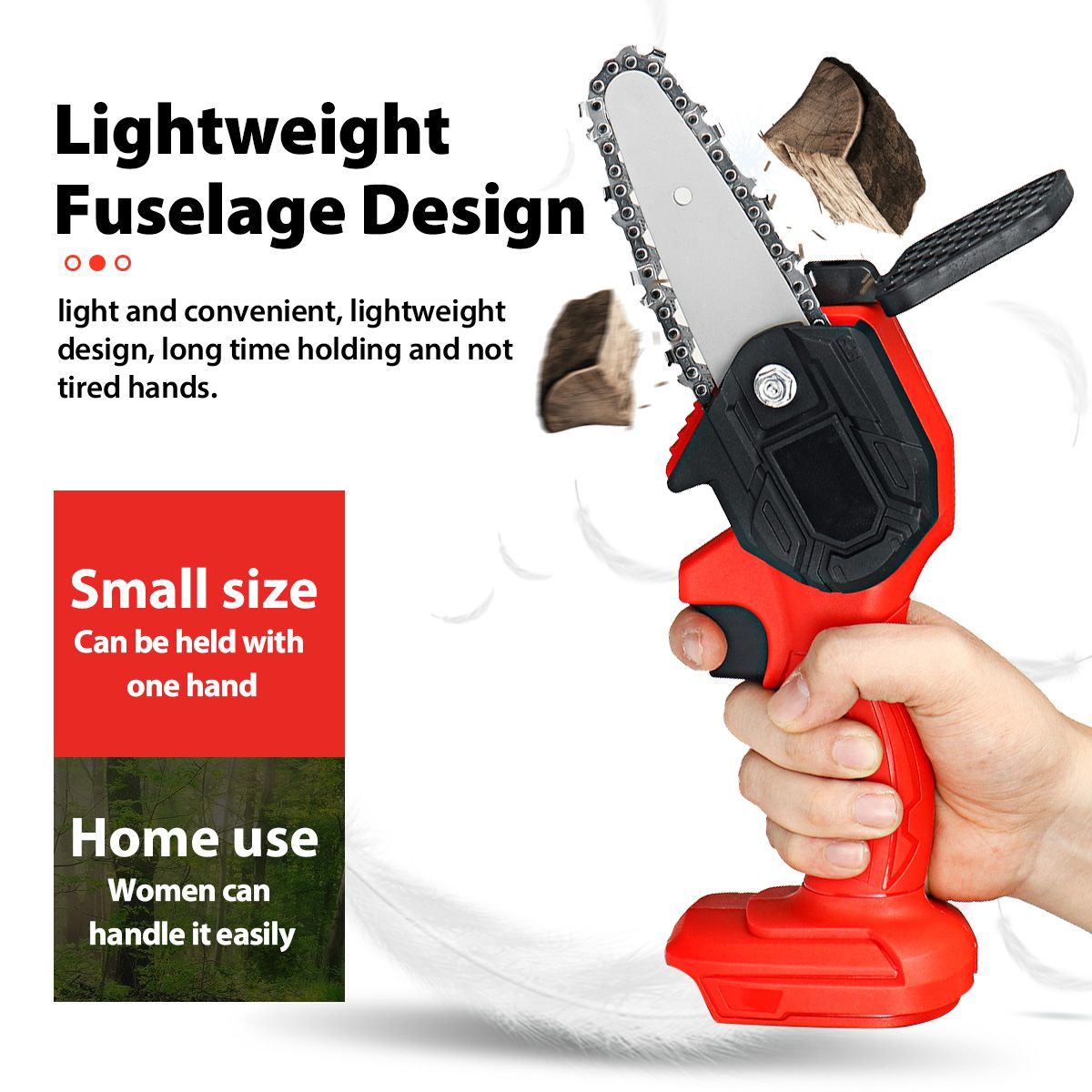 Portable and Powerful: 18V Lithium-Ion Handheld Chainsaw with Anti-Slip Grip and 4-Inch Blade