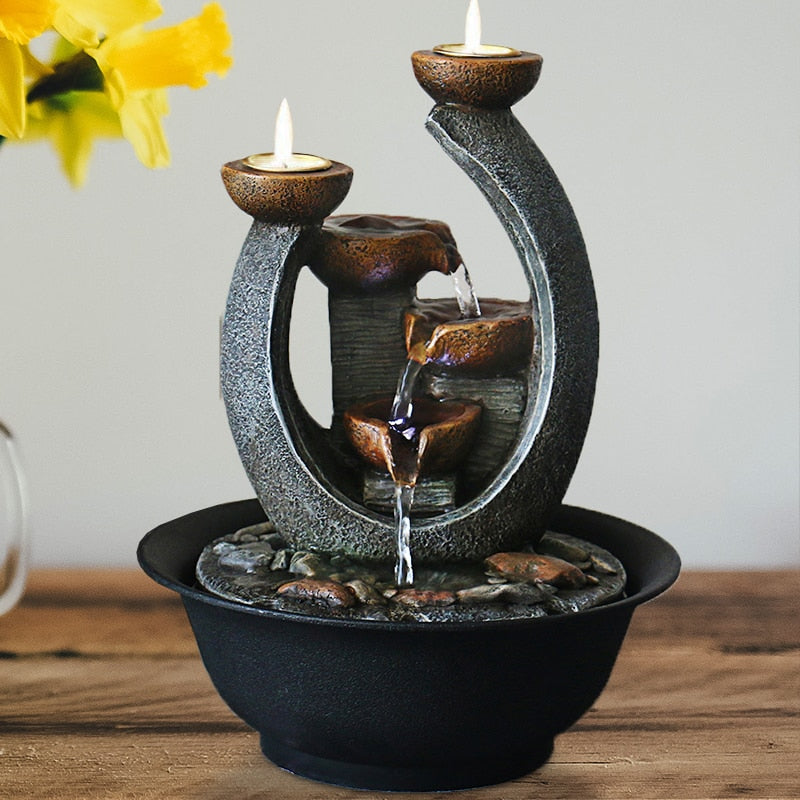 Relaxing Ambiance: Decorative Water Fountain and Tea Light Candle Holders Set